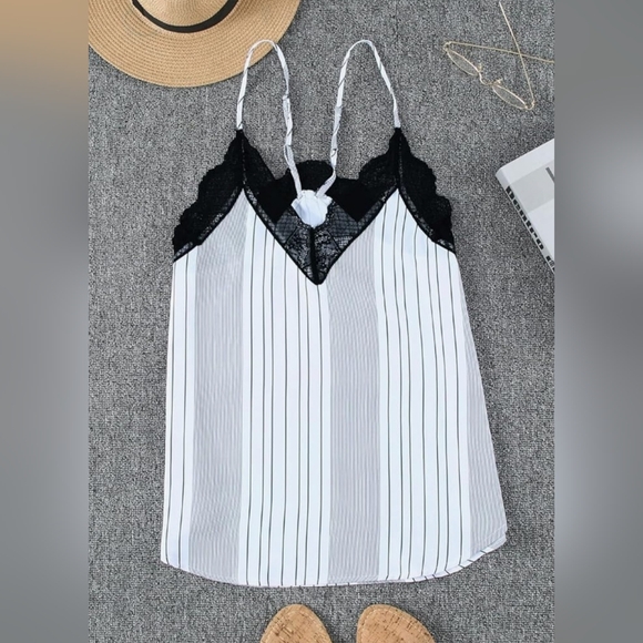 V Neck Racerback Lace Striped Cami - Picture 4 of 10